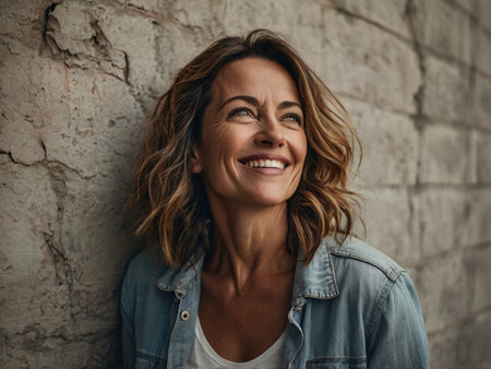Portrait of a beautiful mature woman laughing against a brick wall.の素材