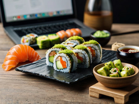 Sushi rolls on a black plate with chopsticks and a laptop.の素材
