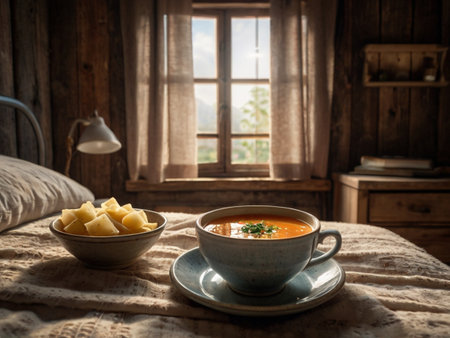 A bowl of gazpacho soup on a rustic wooden tableの素材