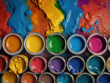 Paint cans and paintbrushes on a background of different colorsの素材
