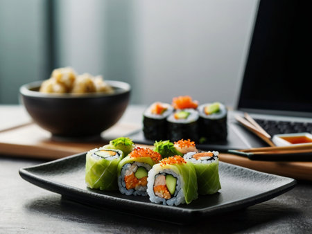 Plate with delicious sushi rolls and chopsticks on table, closeupの素材