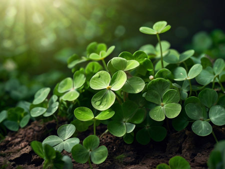 Green clover leaves on the ground in the sunlight. Nature backgroundの素材