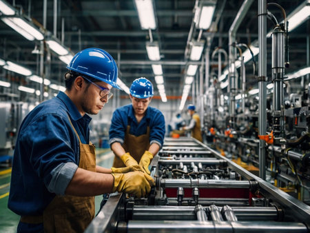 Factory workers working on the production line. Industrial workers working on the production line.の素材