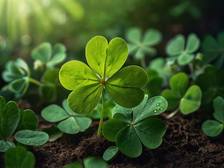 Green clover leaves in nature. Happy St. Patrick's Dayの素材