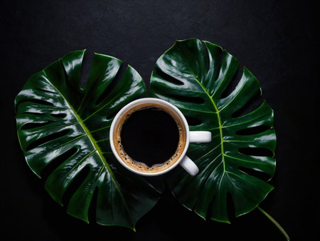 Cup of coffee and monstera leaves on black background, top viewの素材