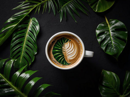 Cup of coffee with latte art on black stone background.の素材