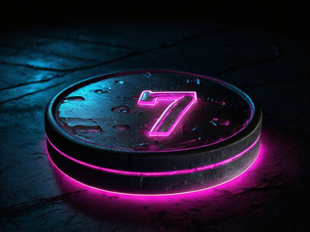 Number seven on a dark background with neon light. 3D renderingの素材