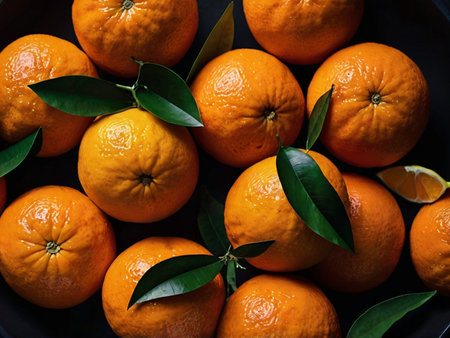 Fresh tangerines with leaves on a black background. Top view.の素材