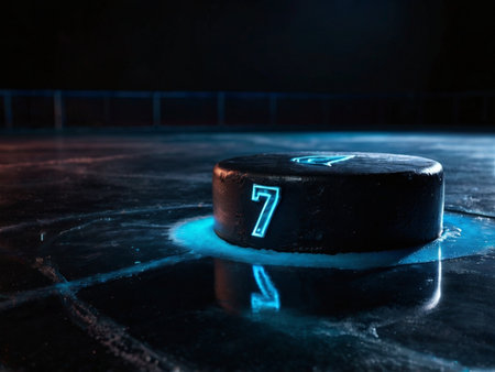 Ice hockey puck with number seven on ice hockey rink. Selective focusの素材