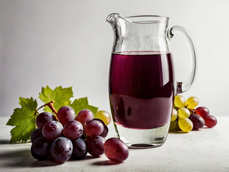 Grape juice in a jug and fresh grapes on a light backgroundの素材