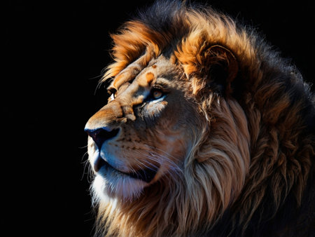 Portrait of a lion on a black background in the wild.の素材