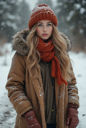 Beautiful young woman in a winter park. Winter fashion. Snow.の素材