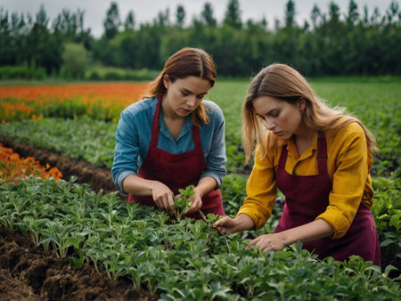 Two young female gardeners examining plants on a field in the countrysideの素材