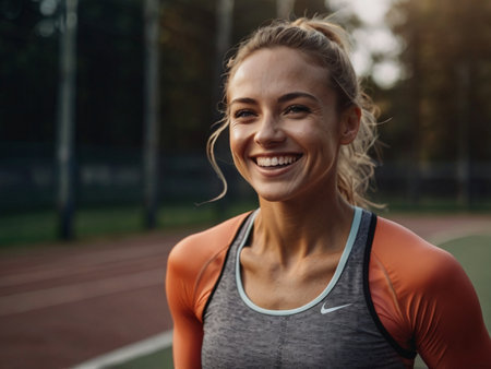 Portrait of smiling sportswoman standing on sports field and looking at cameraの素材