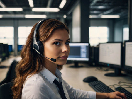 Portrait of young businesswoman wearing headset while working in office.の素材