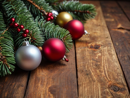 Christmas background with fir tree branches, red and gold balls on wooden tableの素材