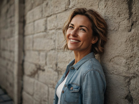 Portrait of a smiling woman in denim jacket standing outdoors and looking awayの素材