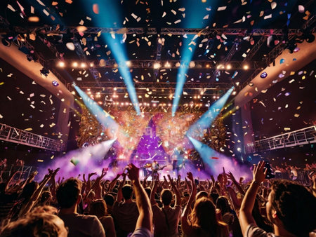 Crowd of happy people with raised hands at a music festival.の素材