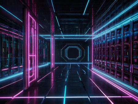 Futuristic corridor with glowing neon lights. 3D Renderingの素材