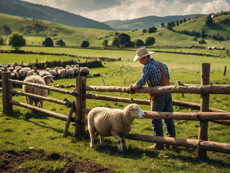 Farmer with sheep on the farm in Carpathian mountains.の素材