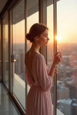 Beautiful young woman in a pink dress standing near the window at sunsetの素材