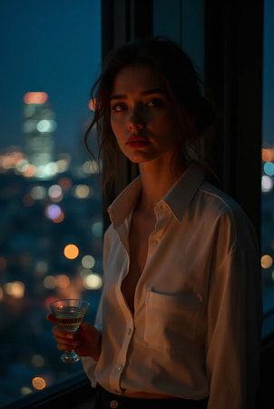 Beautiful asian woman in white shirt with a glass of champagne on the background of the night cityの素材