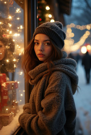 Beautiful girl in a gray coat and a knitted hat on the background of the Christmas treeの素材