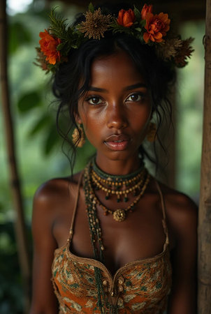 Portrait of a beautiful young African American woman wearing a wreath of flowersの素材