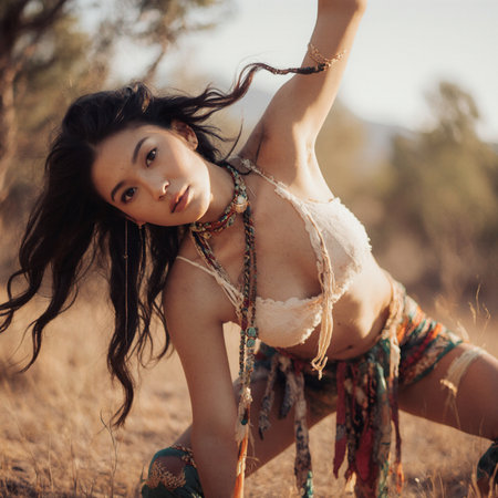 Beautiful young Asian woman in the desert. Boho styleの素材