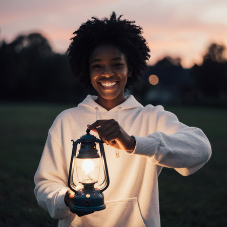 Young african american woman holding a lamp in the park at sunsetの素材