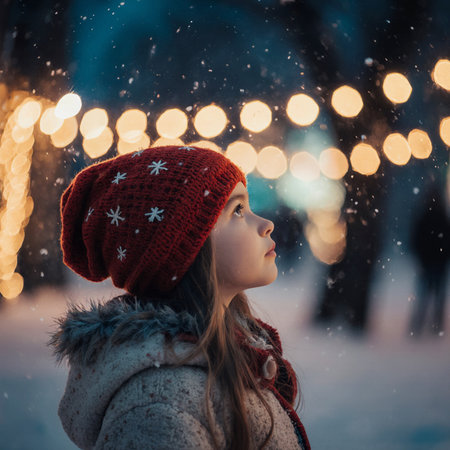Portrait of a beautiful girl in a red hat and scarf on the background of the night city.の素材
