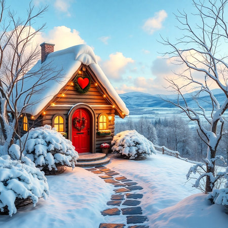 Beautiful winter landscape with wooden house and red heart on the porchの素材