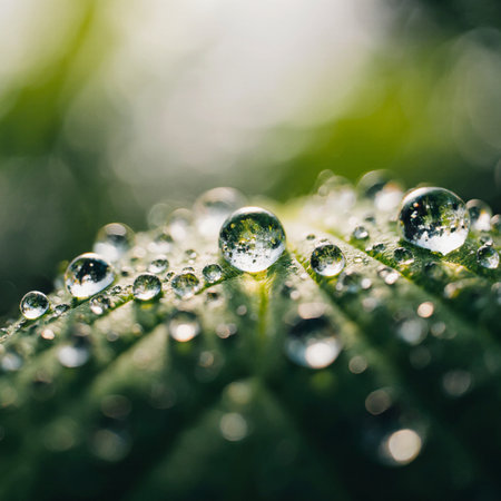 Morning dew on the leaves of the plant. Shallow depth of field.の素材