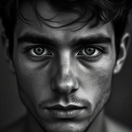 Black and white portrait of a young man with an intense look.の素材