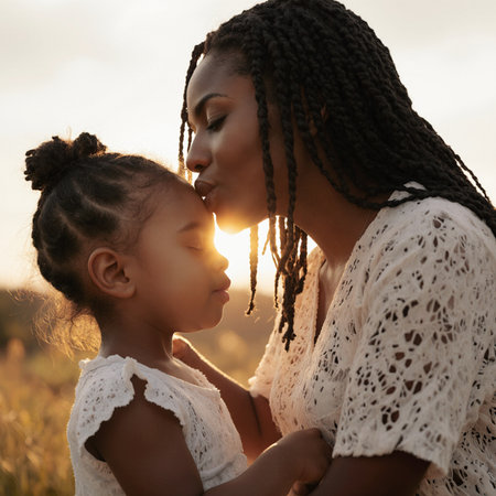 African american mother and her little daughter in wheat field at sunsetの素材