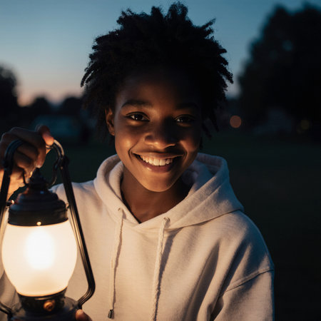 Beautiful African American woman with a lantern in the parkの素材