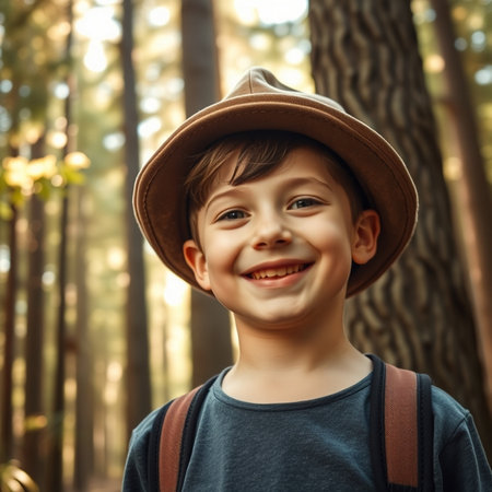 Portrait of a smiling boy in a hat with a backpack in the forestの素材
