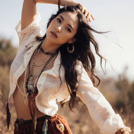 fashion outdoor photo of beautiful sensual woman with dark hair in ethnic clothes posing in summer fieldの素材