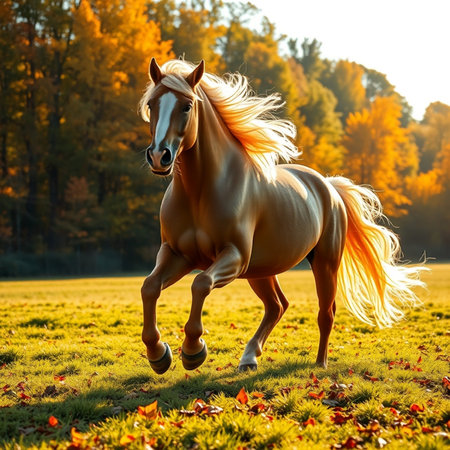 Beautiful arabian stallion running on the meadow in autumnの素材