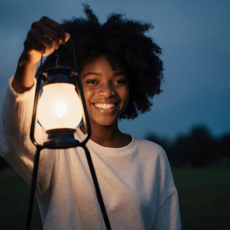 Young african american woman holding a lantern in the park.の素材