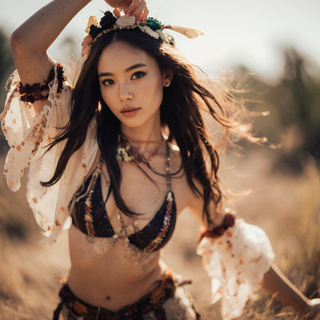 Portrait of a beautiful young woman in the desert. Boho style.の素材