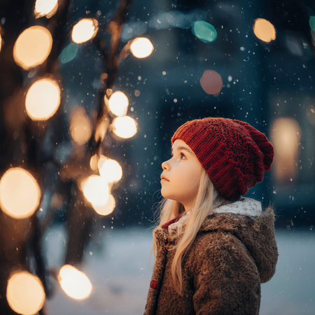 Little girl in winter clothes walks in the city with a garland of lights.の素材