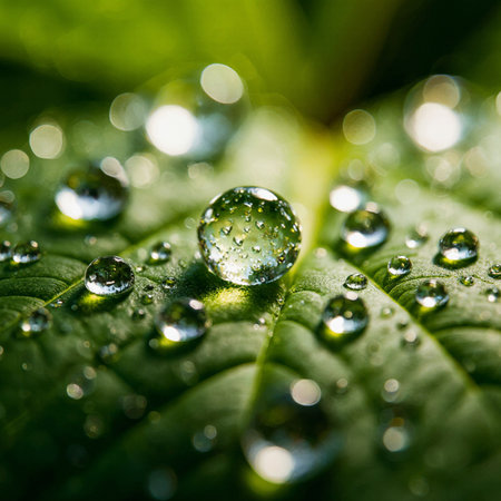 Drops of dew on a green leaf. Shallow depth of fieldの素材