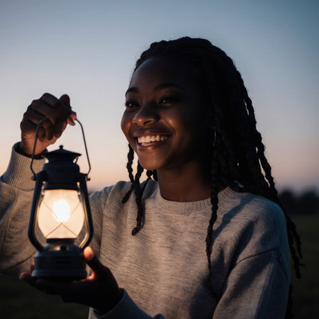 African American woman with a kerosene lamp in the countrysideの素材
