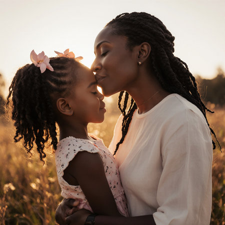 Beautiful african american mother and daughter in field at sunsetの素材