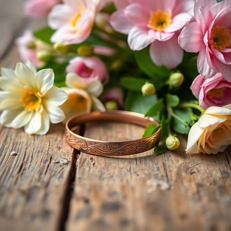wedding rings and bouquet of flowers on a wooden backgroundの素材