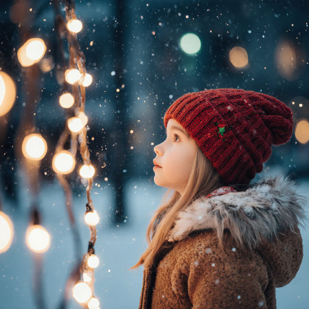 Cute little girl in warm clothes and hat on a background of winter city.の素材
