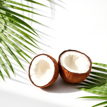 coconuts on a white background with palm leaves and shadow.の素材