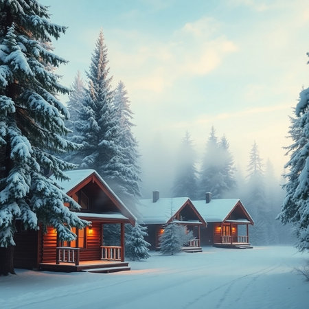 Wooden cabins in the winter forest. Christmas and New Year background.の素材