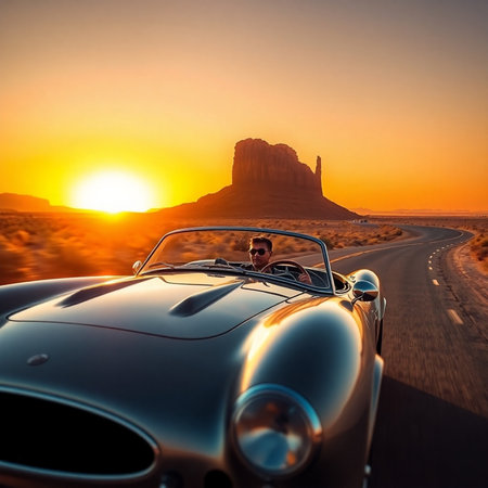 Monument Valley, Arizona, USA. American classic car at sunset.の素材